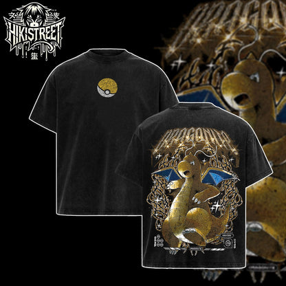 [HIKISTREET] Vintage Dragonite Acid Washed T-Shirt, Pokemon Merch, Anime Washed Oversized Tee, Aesthetic Anime Streetwear Gift