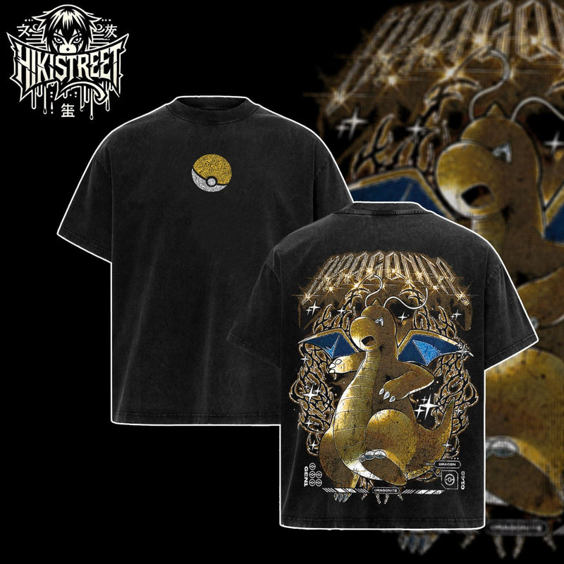 [HIKISTREET] Vintage Dragonite Acid Washed T-Shirt, Pokemon Merch, Anime Washed Oversized Tee, Aesthetic Anime Streetwear Gift