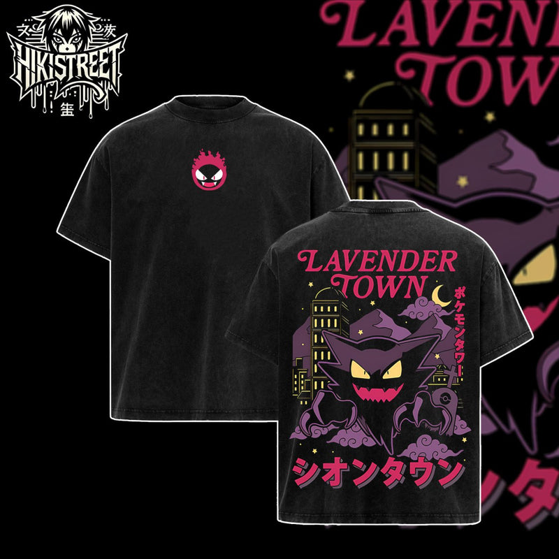 [HIKISTREET] Vintage Gengar Lavender Town Acid Washed T-Shirt, Pokemon Merch, Anime Washed Oversized Tee, Aesthetic Anime Streetwear Gift