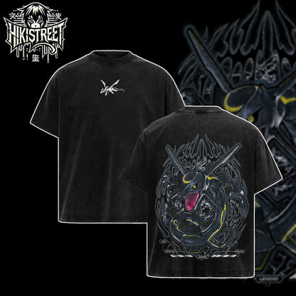[HIKISTREET] Vintage Shiny Rayquaza Acid Washed T-Shirt, Pokemon Merch, Anime Washed Oversized Tee, Aesthetic Anime Streetwear Gift