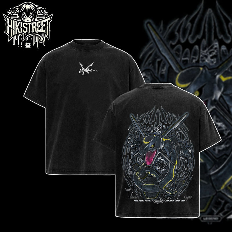 [HIKISTREET] Vintage Shiny Rayquaza Acid Washed T-Shirt, Pokemon Merch, Anime Washed Oversized Tee, Aesthetic Anime Streetwear Gift