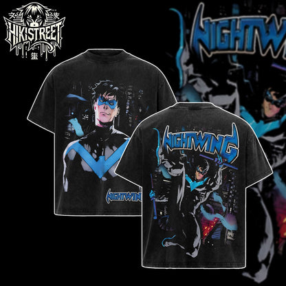 [HIKISTREET] Vintage Nightwing Acid Washed T-Shirt, DC Merch, Comics Washed Oversized Tee, Aesthetic Comics Streetwear Gift