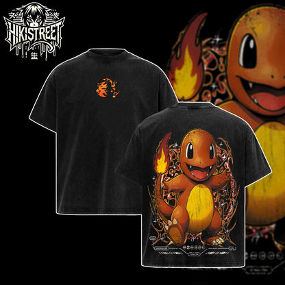[HIKISTREET] Vintage Charmander Acid Washed T-Shirt, Pokemon Merch, Anime Washed Oversized Tee, Aesthetic Anime Streetwear Gift