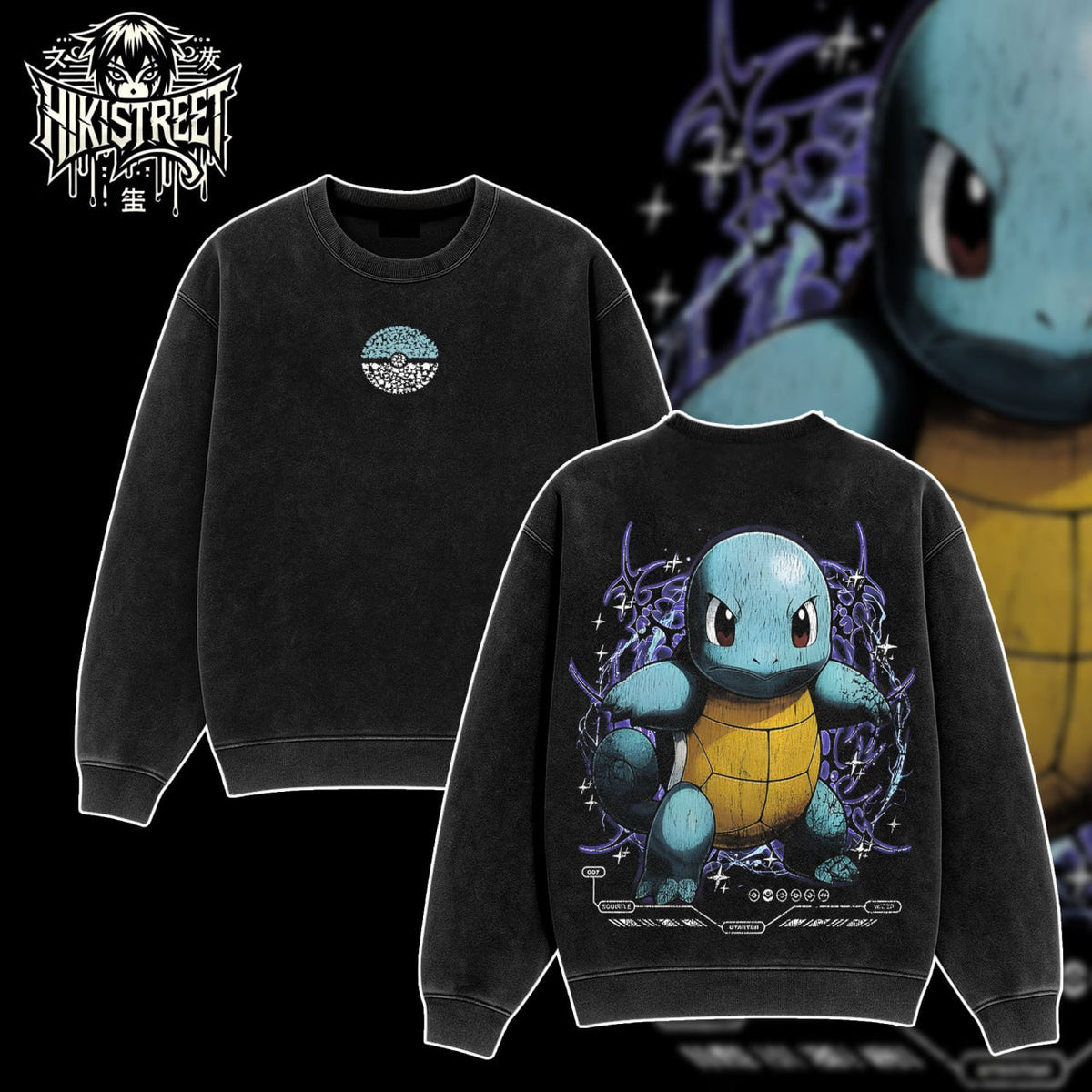 [HIKISTREET] Vintage Squirtle Acid Washed T-Shirt, Pokemon Merch, Anime Washed Oversized Tee, Aesthetic Anime Streetwear Gift