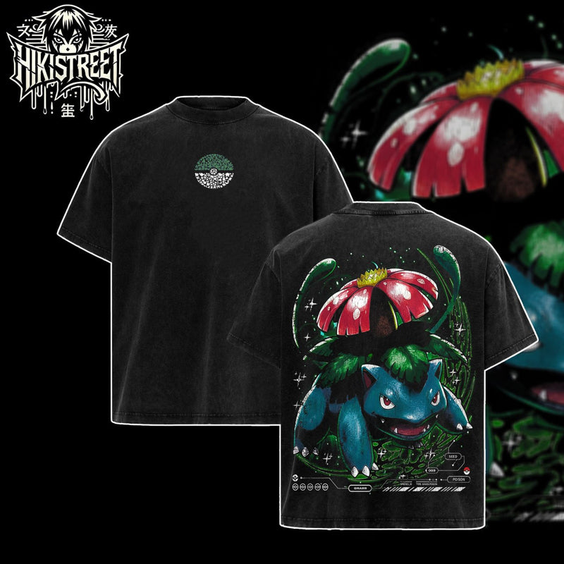 [HIKISTREET] Vintage Venusaur Acid Washed T-Shirt, Pokemon Merch, Anime Washed Oversized Tee, Aesthetic Anime Streetwear Gift